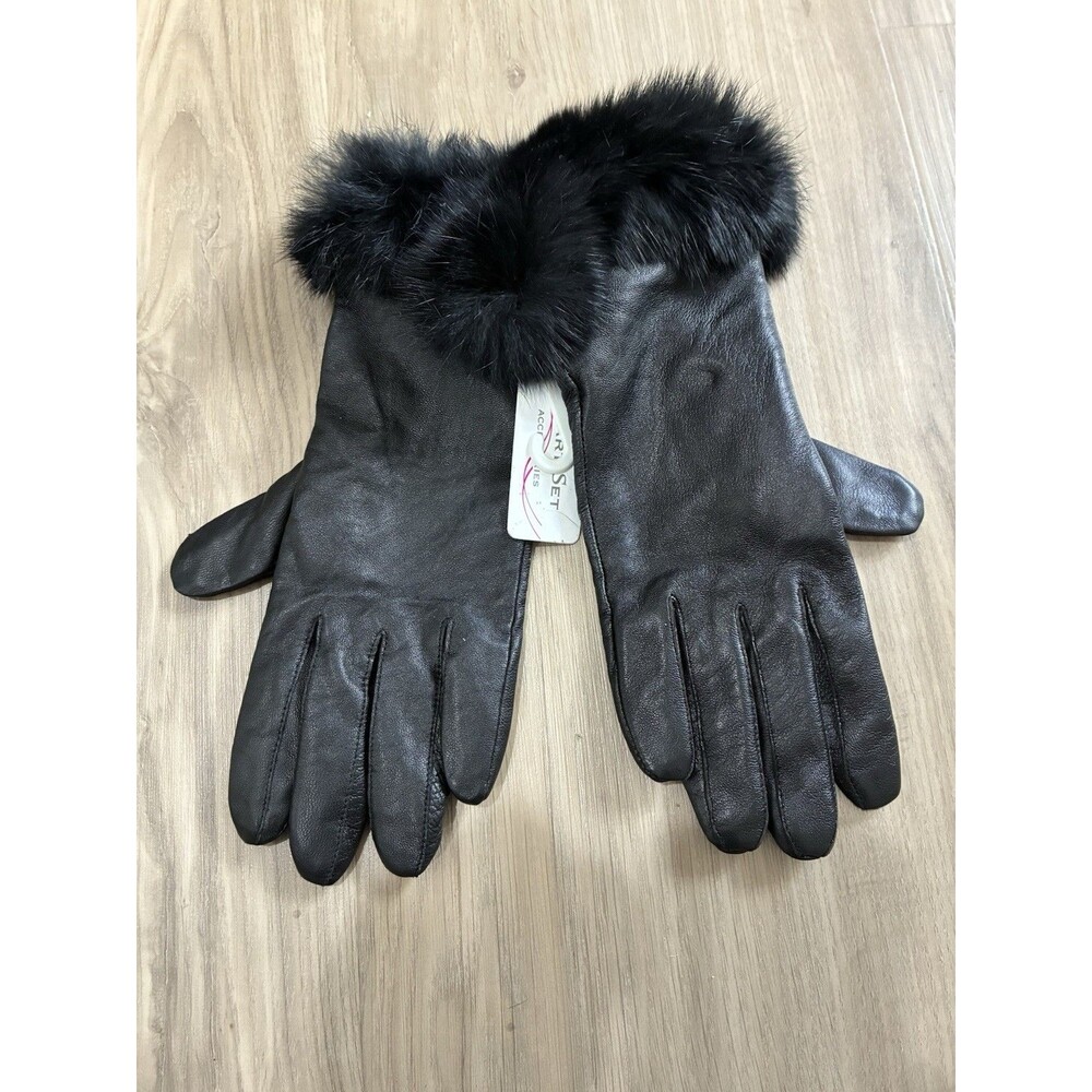 Black Leather Women’s Gloves Rabbit Fur Cuff Medium By Smart Set Accessories New